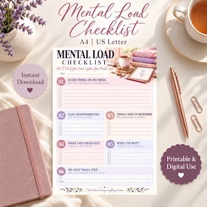 May include: A Mental Load Checklist printable document featuring six numbered sections for organization. The page includes headers for Everything On My Mind, Daily Responsibilities, Things I Need To Remember, What Can I Delegate, What Can Wait, and My Next Small Step, with checkboxes and lines for writing.