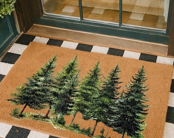 Pine Tree Forest Doormat, Christmas Tree Welcome Mat, Evergreen Woodland Xmas Decor, Nature Inspired Holiday Gift, Winter Front Porch Rug