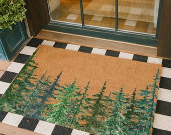 Pine Tree Forest Doormat, Christmas Tree Welcome Mat, Evergreen Woodland Xmas Decor, Nature Inspired Holiday Gift, Winter Front Porch Rug