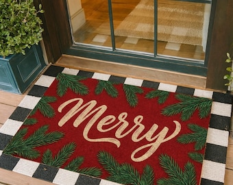 Felpudo navideño con hojas de pino, felpudo navideño con nieve de fibra de coco, felpudo para entrada, felpudos para exterior, felpudo divertido, felpudos de bienvenida, felpudos de fibra de coco