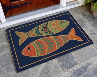 Coastal Fish Welcome Doormat | Boho Nautical Front Door Mat | Colorful Ocean Theme Entry Rug Beach House Decor