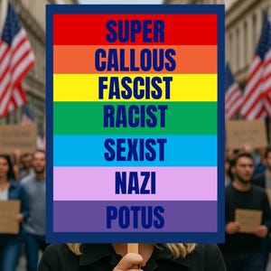 May include: A person holds a sign with a rainbow-colored background and blue text. The text reads: SUPER, CALLOUS, FASCIST, RACIST, SEXIST, NAZI, POTUS. American flags and people are in the background.