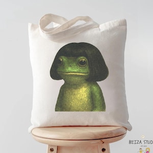 Bolsa de meme de rana con corte de pelo bob, divertida bolsa de arte de rana, bolsa de meme de animal peculiar, regalo divertido para amantes de las ranas
