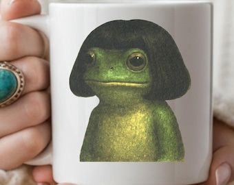Frog with Bob Haircut Meme Mug, Funny Frog Art Mug, Quirky Animal Meme Cup, Hilarious Frog Lover Gift