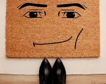 Felpudo divertido con cara de hombre gamer de Roblox, meme de sonrisa burlona, felpudo de bienvenida, fibra de coco duradera, decoración del hogar, idea de regalo.