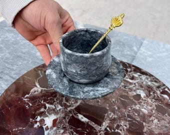 Juego de taza de café de piedra gris: taza de espresso de mármol tallada a mano con platillo y cuchara.