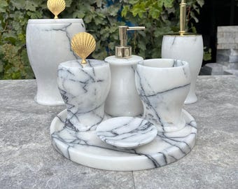 Juego de baño de mármol de 7 piezas hecho a mano - Decoración en piedra natural lila
