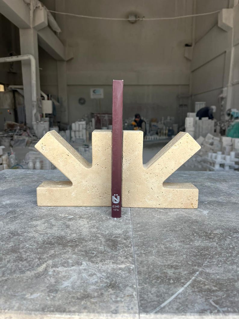May include: A pair of beige, porous stone bookends with a sunburst-like silhouette, flanking a thin, vertical, dark maroon book. The book spine features a white logo with the letter N and the text E240 10lu printed in white near the bottom.