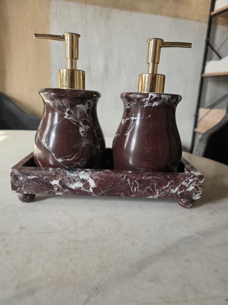 Dispensador de jabón de mármol Rosso Levanto – Dispensador de jabón de piedra hecho a mano para una decoración de baño de lujo. Rosso Levanto Set