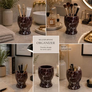May include: A dark red marble multipurpose organiser with white veining, featuring a cylindrical shape with a flared base. The container is shown in various settings holding toothbrushes, makeup brushes, pens, and small items with text overlays.