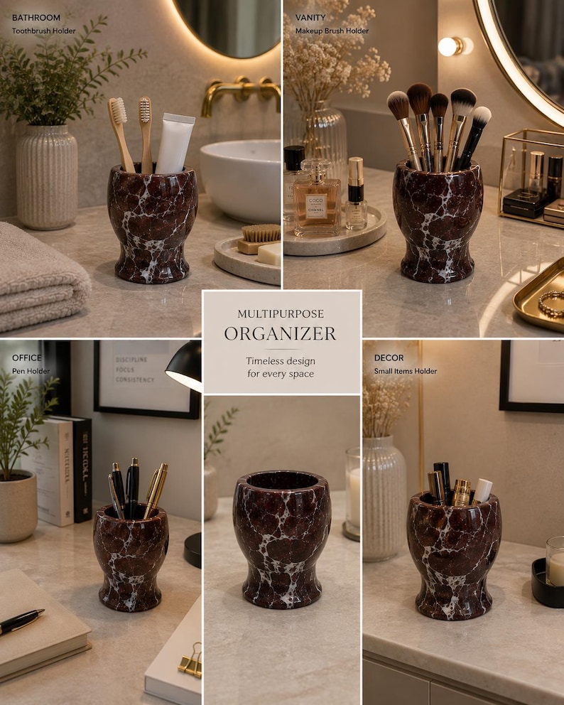May include: A dark red marble multipurpose organiser with white veining, featuring a cylindrical shape with a flared base. The container is shown in various settings holding toothbrushes, makeup brushes, pens, and small items with text overlays.