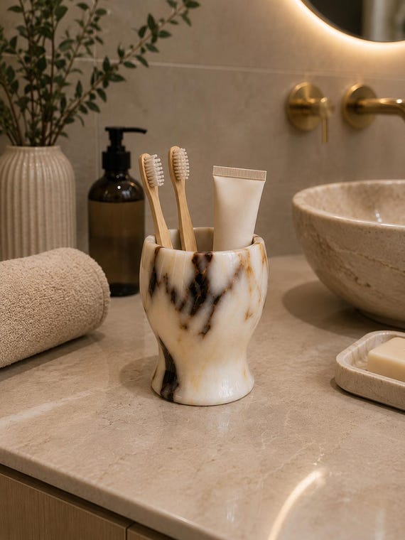 Calacatta Viola Marble Toothbrush Holder – Handmade Luxury Stone Bathroom Organizer