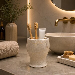 May include: A beige marble toothbrush holder with subtle gold veining, containing two bamboo toothbrushes with light-coloured bristles and a plain white tube of toothpaste. The holder has a smooth, polished finish and a flared base design.