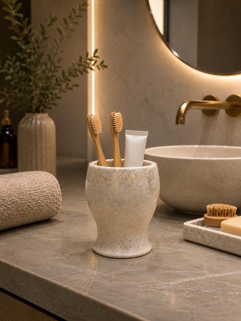 May include: A beige marble toothbrush holder with subtle gold veining, containing two bamboo toothbrushes with light-coloured bristles and a plain white tube of toothpaste. The holder has a smooth, polished finish and a flared base design.