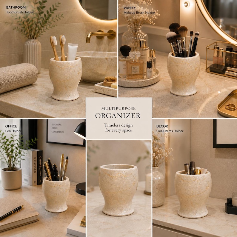May include: A beige, marble-textured multipurpose organiser with a flared base and a wide, open top. This cylindrical container is shown in various settings, functioning as a toothbrush holder, makeup brush holder, pen holder, and small items holder.