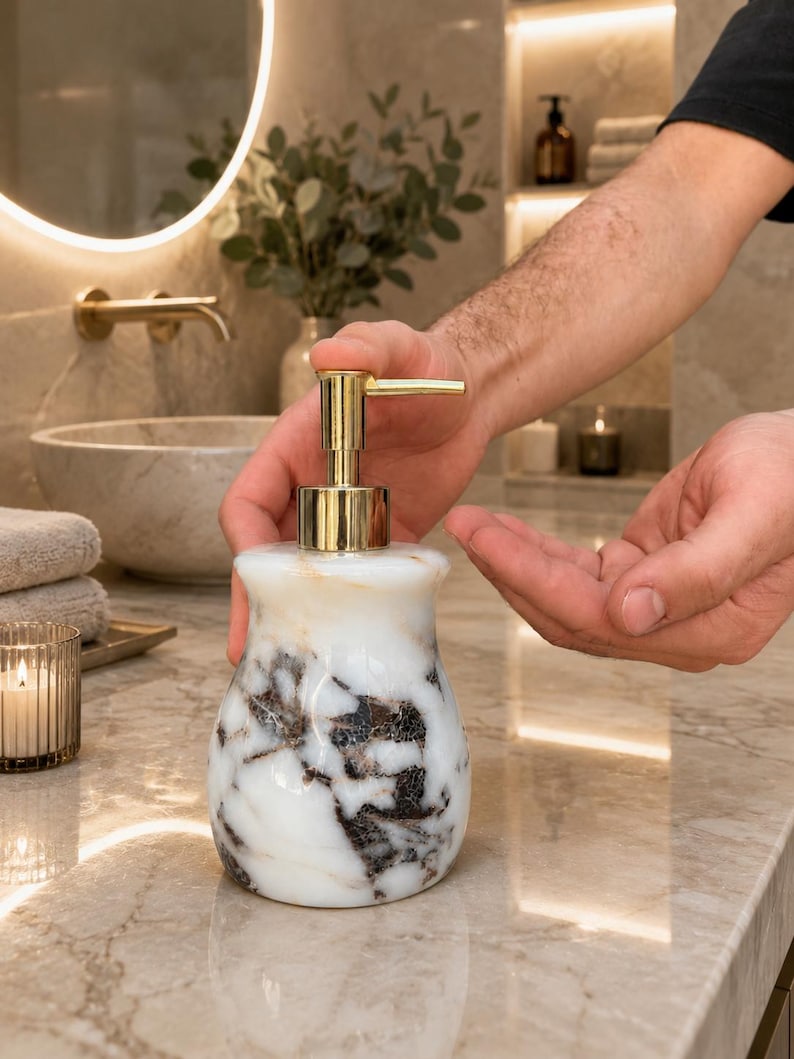 Dispensador de jabón de mármol Rosso Levanto – Dispensador de jabón de piedra hecho a mano para una decoración de baño de lujo. Calacatta Viola