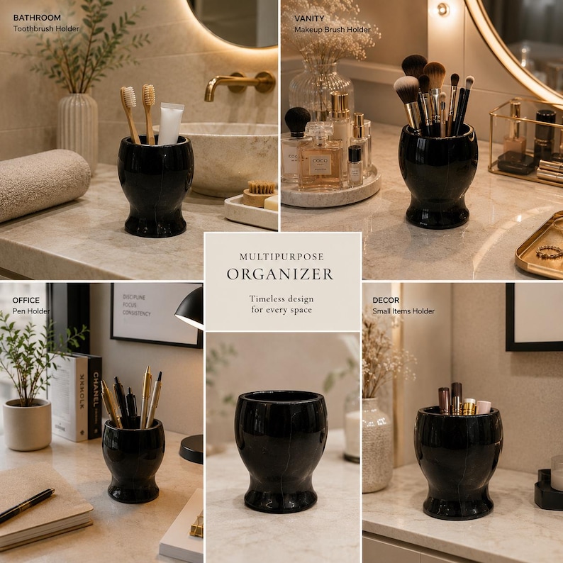 May include: A glossy black multipurpose organiser with a flared base and wide rim. The text reads: MULTIPURPOSE ORGANISER, Timeless design for every space. It is shown holding toothbrushes, makeup brushes, pens, and small items in various settings.