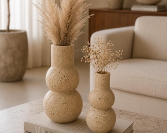Travertine Stone Vase Set, Sculptural Centerpiece for Coffee Table, Shelf & Console Decor