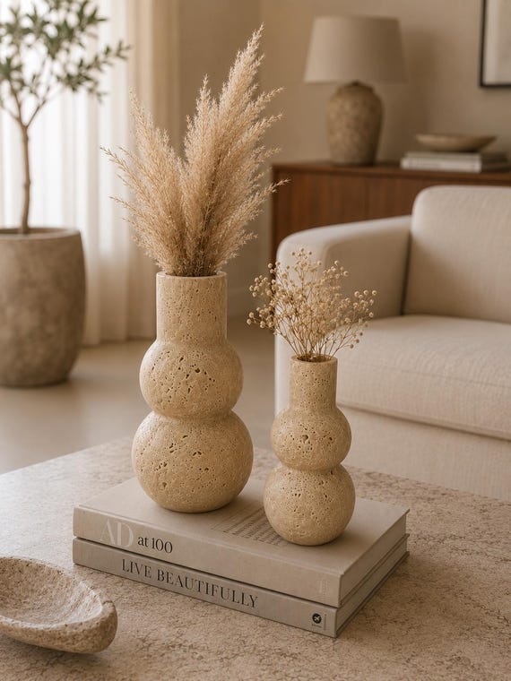Travertine Stone Vase Set, Sculptural Centerpiece for Coffee Table, Shelf & Console Decor