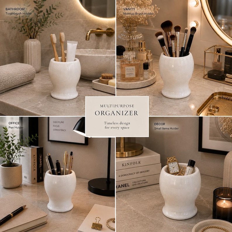 May include: A white ceramic multipurpose organiser with a smooth, rounded, hourglass-like shape. The container features a wide base and a flared rim, designed to hold various items such as toothbrushes, makeup brushes, pens, or small decor accessories.