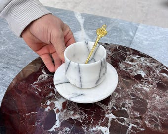 Lilac Marble Coffee Cup Set – Hand Carved Natural Stone Espresso Cup with Saucer & Spoon