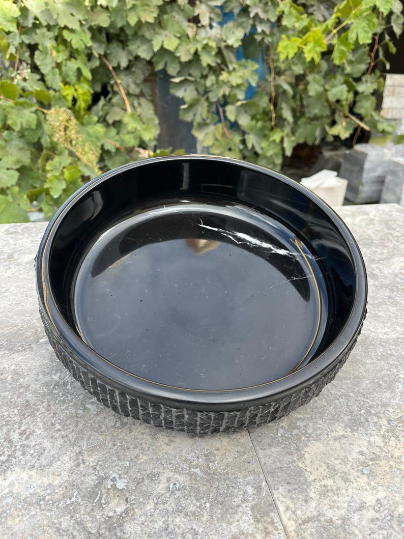 May include: A black pet bowl with a textured, ridged exterior. The interior is smooth and glossy. The bowl is round and sits on a grey surface, with green foliage in the background.