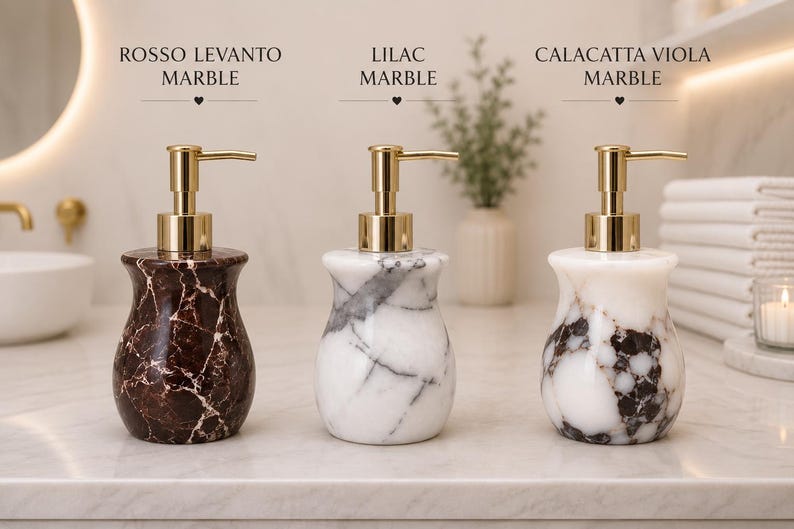 Dispensador de jabón de mármol Rosso Levanto – Dispensador de jabón de piedra hecho a mano para una decoración de baño de lujo. imagen 2