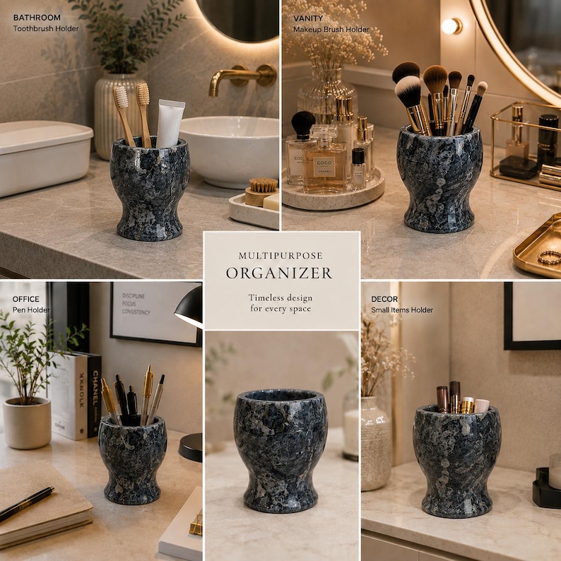 May include: A dark grey and white marbled stone cup with a flared rim and base. The multipurpose organiser is shown holding toothbrushes, makeup brushes, pens, and small items. The text reads: MULTIPURPOSE ORGANIZER. Timeless design for every space.