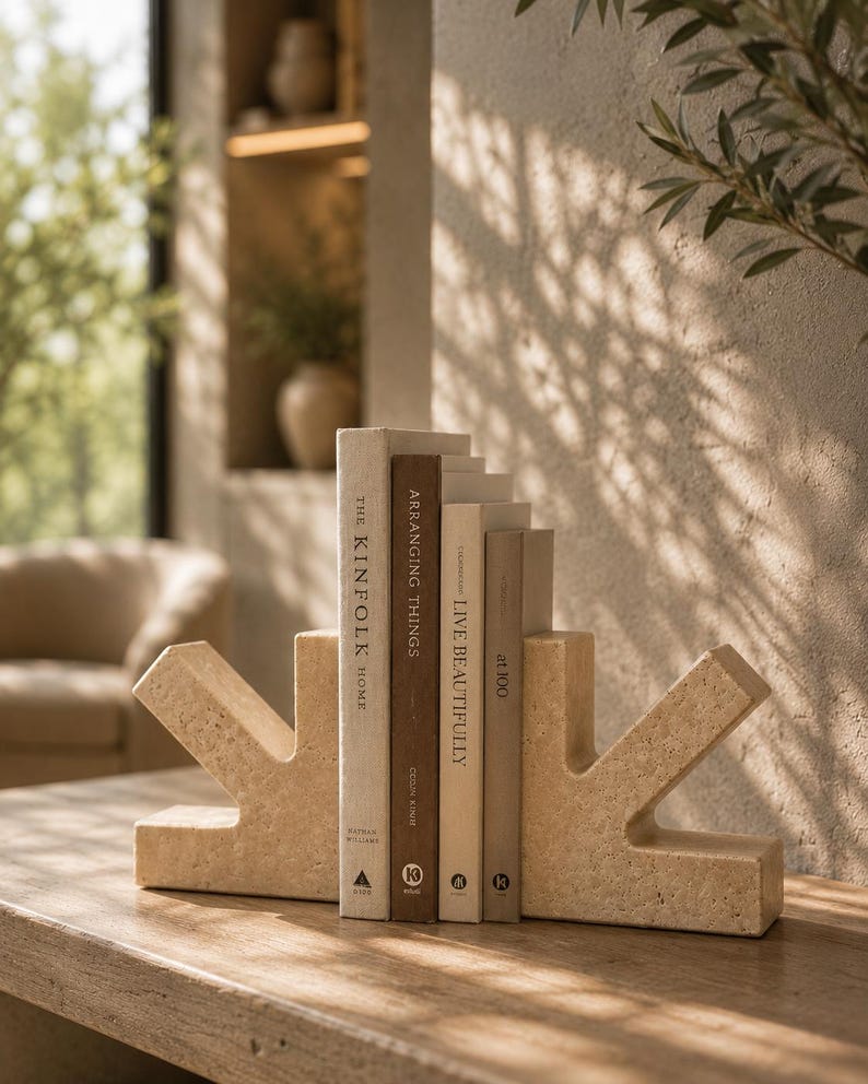 May include: Two beige, porous stone bookends with an angular, geometric shape holding four books titled The Kinfolk Home, Arranging Things, Live Beautifully, and at 100. The bookends feature a textured surface and a symmetrical, stepped design.
