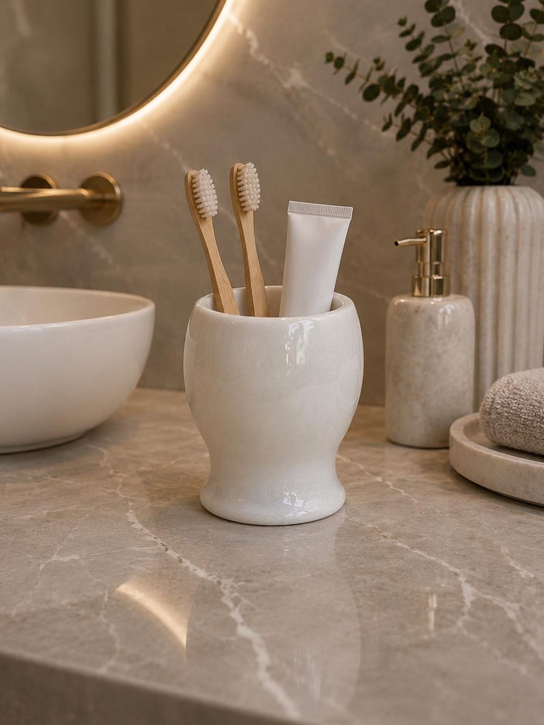 May include: A white ceramic tumbler with a smooth, rounded base and a flared rim. Inside the tumbler are two bamboo toothbrushes with light-coloured bristles and a plain white tube of toothpaste, all standing upright in the centre of the container.