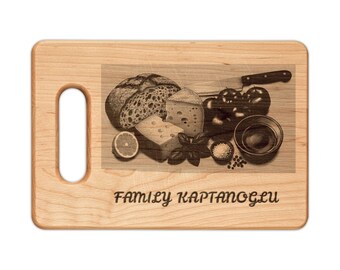 Käse und Brot Illustration Schneidebrett aus Holz | Graviert