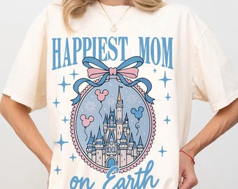 Retro Happiest Mom On Earth T-Shirt, Comfort Colors® Disney Castle Coquette Bow Mom Shirt, Disney Mom Tee, Mother's Day Tee Gift For Mom