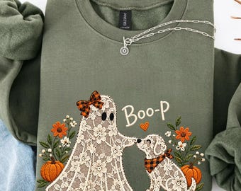 Floral Lace Ghost and Dog Boop Sweatshirt, Faux Embroidered Applique Crewneck, Funny Halloween Dog Mom Gift Shirt