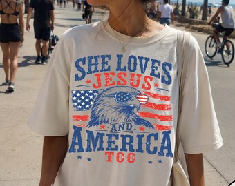Comfort Colors® She Loves Jesus And America Too Shirt, 4th Of July Unisex Tshirt, America Independence Tshirt, She Loves Jesus Tee