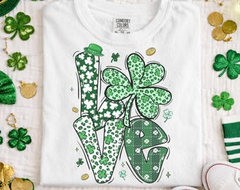 Preppy St Patrick's Love Shirt, Retro Lucky Clover Shirt, St. Patty's Sublimation Tee, Irish Shamrock Comfort Colors Tee