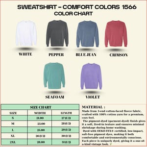 Op de afbeelding: Een kleurenkaart voor Comfort Colors 1566 sweatshirts, met zes effen kleuren: wit, peper, spijkerbroekblauw, karmozijn, zeegroen en violet. Inclusief een maattabel met afmetingen in cm en materiaaldetails.