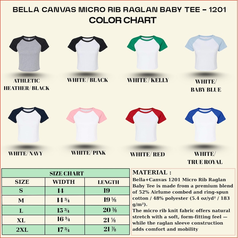 Puede incluir: Tabla de colores para la camiseta de beb&eacute; Bella+Canvas Micro Rib Raglan 1201. La tabla muestra varias combinaciones de colores, incluyendo blanco con mangas negras, azul marino, rosa, rojo y azul real. Tambi&eacute;n se incluye una tabla de tallas e informaci&oacute;n sobre el material.