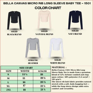 Puede incluir: Tabla de colores para la camiseta de manga larga de canal&eacute; micro Bella+Canvas 1501. La tabla muestra la camiseta en negro, natural, marino, athletic heather y blanco. Se incluye una tabla de tallas, con medidas en pulgadas. La tela es una mezcla de algod&oacute;n y poli&eacute;ster.