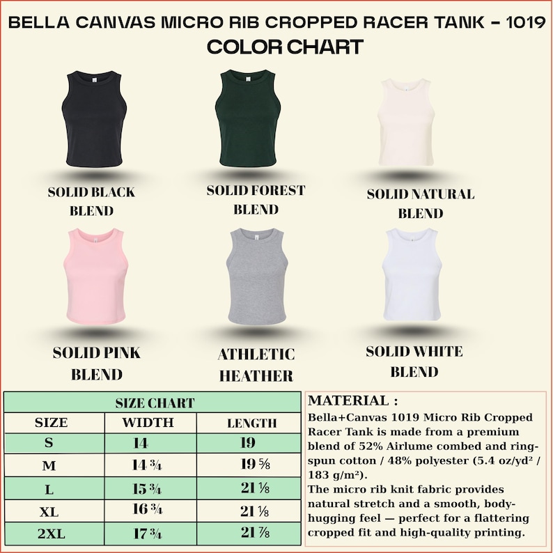 Puede incluir: Tabla de colores de la camiseta sin mangas corta Bella+Canvas 1019 Micro Rib, disponible en seis colores: negro, bosque, natural, rosa, gris atl&eacute;tico y blanco. Incluye una tabla de tallas con medidas en cm e informaci&oacute;n del material.