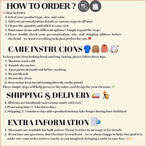 May include: A cream-colored graphic with text detailing how to order, care instructions, and extra information. The text includes steps for ordering, washing instructions, and details about discounts. Icons of clothing and a shopping cart are also present.
