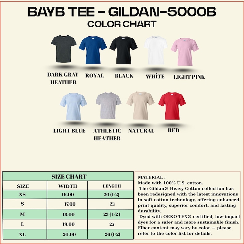 Puede incluir: Una carta de colores para camisetas Gildan 5000B, con varios colores como gris oscuro, azul real, negro, blanco y rosa claro. La tabla tambi&eacute;n incluye una tabla de tallas con medidas en cm y detalles de los materiales.