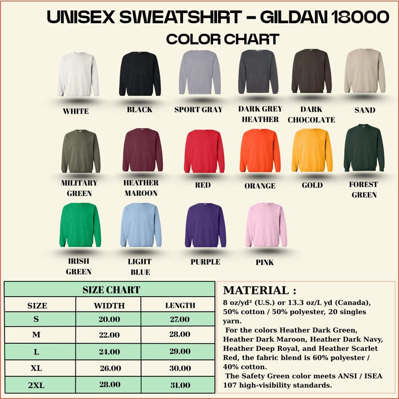 May include: A color chart for Gildan 18000 unisex sweatshirts, showcasing various colors like white, black, sport gray, and dark heather. The chart includes a size chart with measurements in inches and material details.
