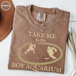 May include: Espresso-colored t-shirt with the text "TAKE ME to the BOY AQUARIUM" and hockey player graphics. The shirt has a crew neck and a Comfort Colors tag. A silver necklace with a pendant is draped across the shirt.
