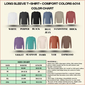 Op de afbeelding: Kleurenkaart van lange mouwen T-shirts in kleuren zoals wit, zwart en blauwe jeans. De maattabel toont de afmetingen in cm. Gemaakt van 100% ringspun katoen.
