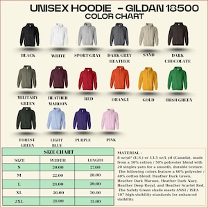 May include: A color chart for Gildan 18500 unisex hoodies, showcasing various colors like black, white, and red. The chart includes a size guide with measurements in inches and material details, including a 50% cotton/50% polyester blend.