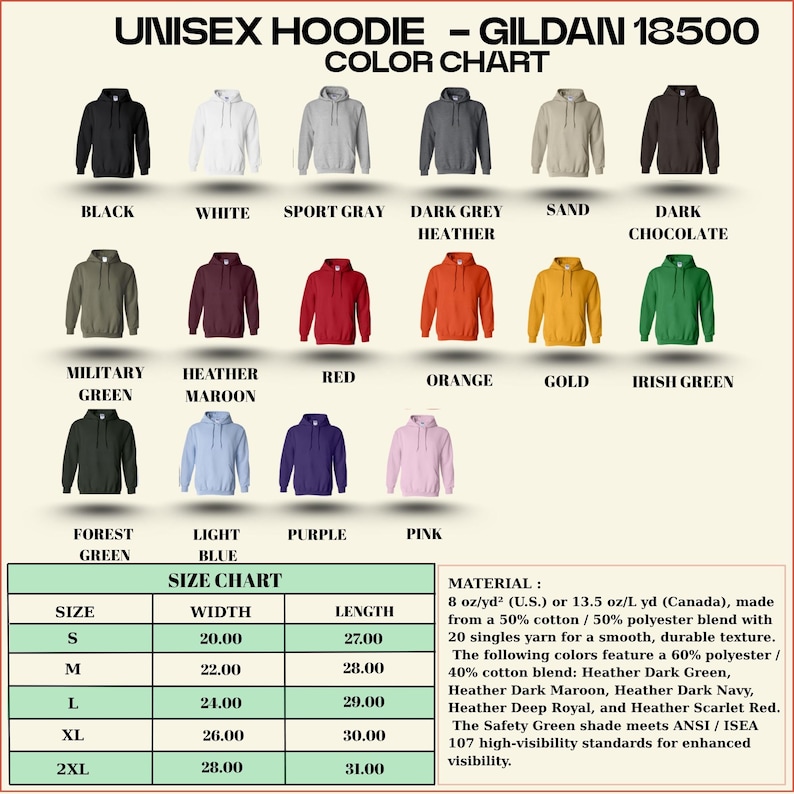 May include: A color chart for Gildan 18500 unisex hoodies, showcasing various colors like black, white, and red. The chart includes a size guide with measurements in inches and material details, including a 50% cotton/50% polyester blend.
