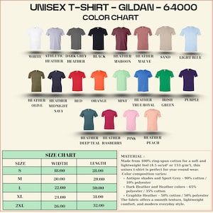 May include: A color chart for Gildan 64000 unisex t-shirts, showcasing various colors like white, black, and heather maroon. The chart includes a size chart with measurements in inches and material details, including 100% ring-spun cotton.