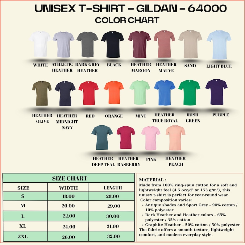 May include: A color chart for Gildan 64000 unisex t-shirts, showcasing various colors like white, black, and heather maroon. The chart includes a size chart with measurements in inches and material details, including 100% ring-spun cotton.