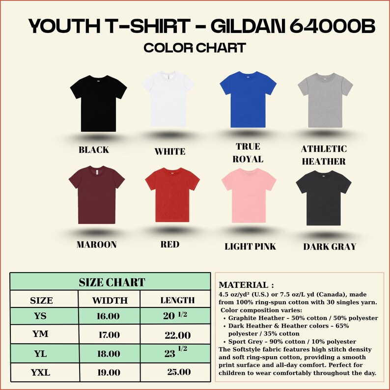 May include: A color chart for Gildan 64000B youth t-shirts, showcasing various colors: black, white, true royal, athletic heather, maroon, red, light pink, and dark gray. Includes a size chart with measurements in inches and material details.