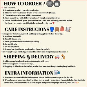 Puede incluir: Imagen con texto que detalla c&oacute;mo realizar un pedido, instrucciones de cuidado e informaci&oacute;n adicional. El texto incluye los pasos para seleccionar el tipo de producto, la personalizaci&oacute;n y la cantidad. Las instrucciones de cuidado aconsejan lavar a m&aacute;quina en fr&iacute;o y secar en secadora a baja temperatura. Tambi&eacute;n se proporciona informaci&oacute;n adicional sobre descuentos y atenci&oacute;n al cliente.